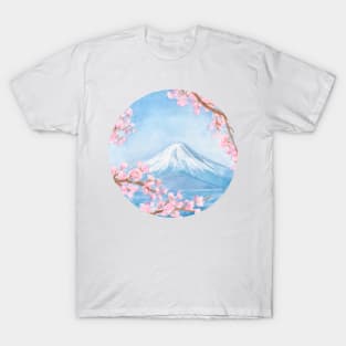 Mount Fuji with Sakura Watercolour Painting T-Shirt